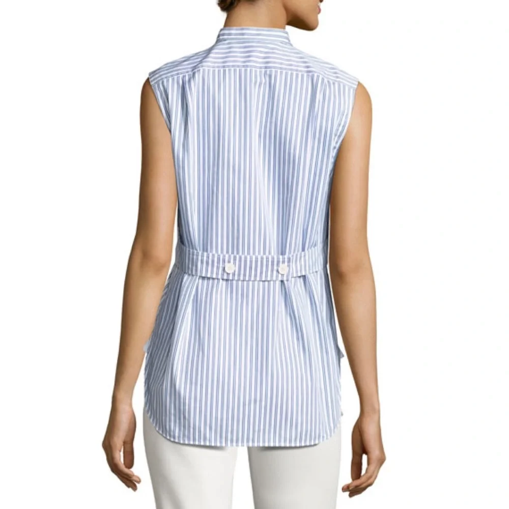 Helmut Lang Blue Striped Sleeveless Tie-Front Cotton Poplin Shirt Size Medium - Picture 2 of 13